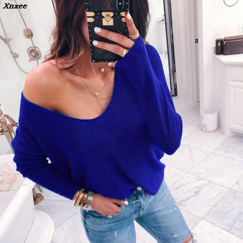 2020 Sexy V-neck Off Shoulder Sweater Women Casual Long Sleeve Solid Pullovers Female Spring Autumn Sweetwear Knitted Tops Xnxee | Женская