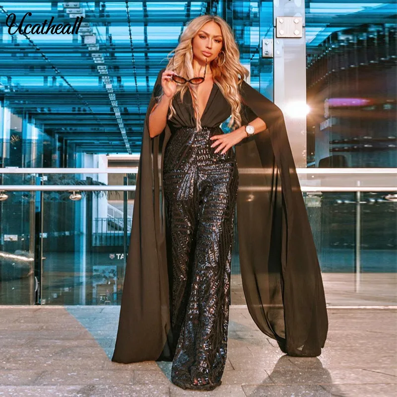 Chiffon Plunging Neck Cloak Sleeveless Sexy Deep V Angel Wings Sequin Jumpsuit Autumn Women Backless Open Club Party Jumpsuits
Chiffon Plunging Neck Cloak Sleeveless Sexy Deep V Angel Wings Sequin Jumpsuit Autumn Women Backless Open Club Party Jumpsuits