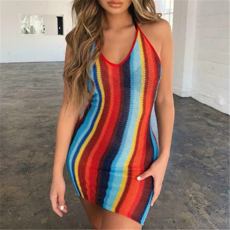 Womens Multicolor Stripe Dress Vestido Sexy Sleeveless Halter Slim Bodycon Dress Tunic V Neck Casual Pencil Dress New Arrival
Womens Multicolor Stripe Dress Vestido Sexy Sleeveless Halter Slim Bodycon Dress Tunic V Neck Casual Pencil Dress New Arrival