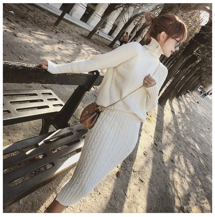 2 Piece Set Women Long Sleeve Turtleneck Pullover Sweater + Split Pencil Skirt Set Lady Runway Knitting Skirt Suit
2 Piece Set Women Long Sleeve Turtleneck Pullover Sweater + Split Pencil Skirt Set Lady Runway Knitting Skirt Suit
