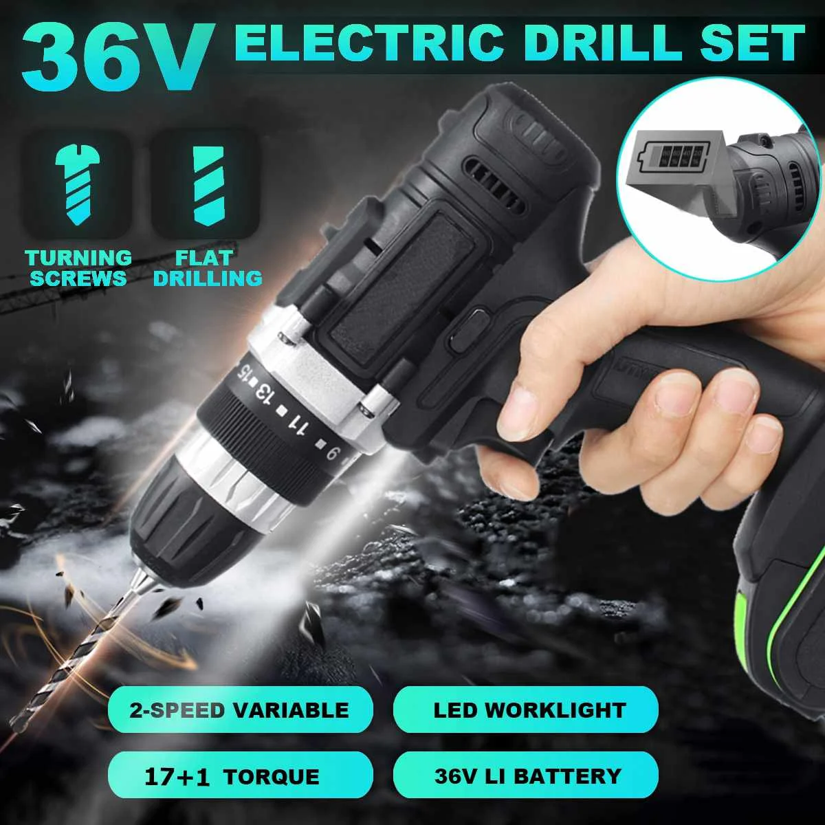 36V Rechargeable Electric Drill Set Double-Speed Flat Drilling 17+1 speed torque adjustment Power Tools with Digital Display
36V Rechargeable Electric Drill Set Double-Speed Flat Drilling 17+1 speed torque adjustment Power Tools with Digital Display