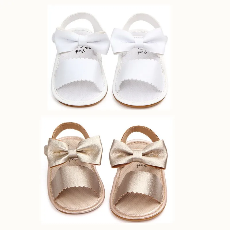 

Summer Baby Girl Bowknot Sandals Anti-Slip Crib Shoes Soft Sole Prewalkers Infant Baby Girls PU Leather Party Gold/White Sandals