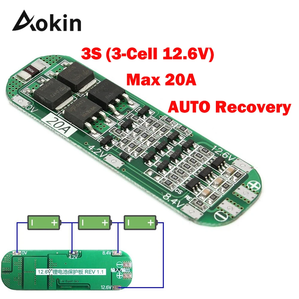 3S 20A Li-ion Lithium Battery 18650 Charger Protection Board PCB BMS 12.6V Cell Charging Protecting Module AUTO Recovery diy kit
3S 20A Li-ion Lithium Battery 18650 Charger Protection Board PCB BMS 12.6V Cell Charging Protecting Module AUTO Recovery diy kit