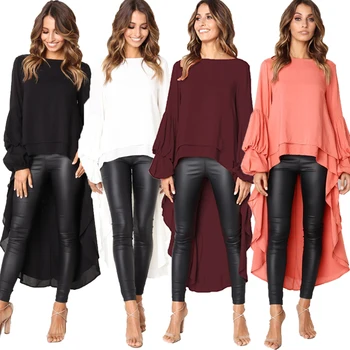 Women's Long Bell Sleeve Ruffles Asymmetrical Hem Loose Casual Tops Shirt Blouse Fashion Blouses Women Autumn Clothing
Women's Long Bell Sleeve Ruffles Asymmetrical Hem Loose Casual Tops Shirt Blouse Fashion Blouses Women Autumn Clothing