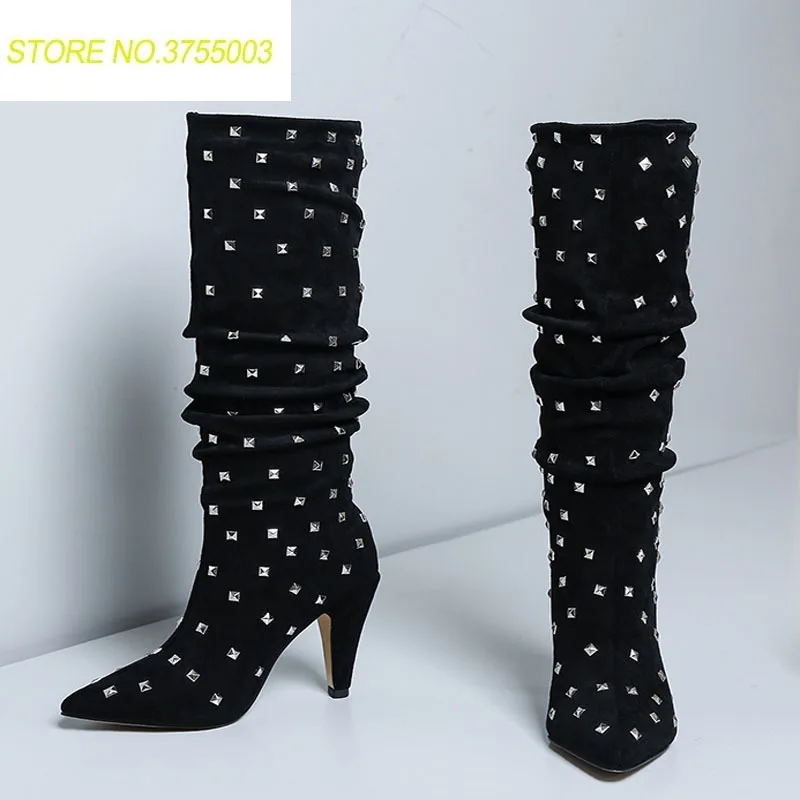 

Spring Ladies Black Suede Leather Metal Rivets Studs Mid Calf Boots Women Spike Heels Gladiator Pointed toe Boots Female Shoes