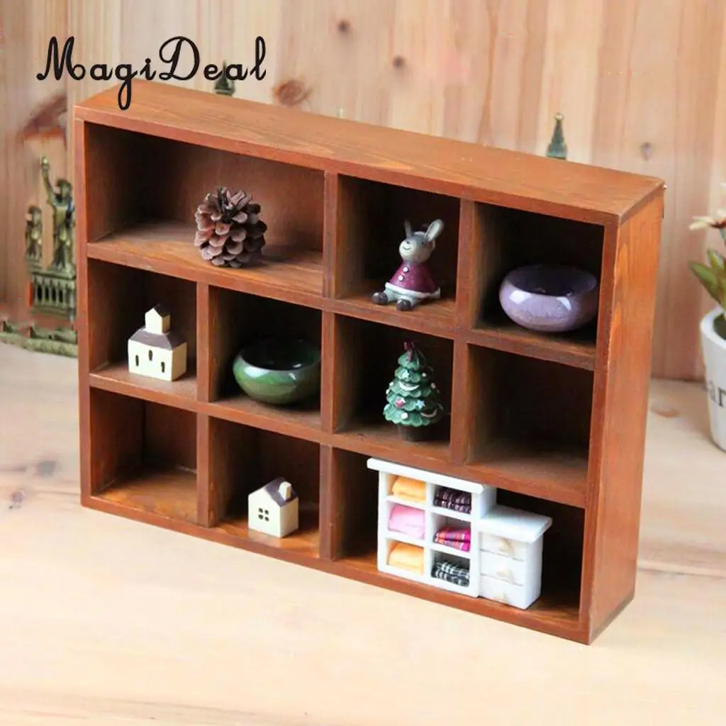 

Wooden Home Entryway Organizer Display Wall Shelf Rack With 10 Compartments Design with 2 hooks on the back for install Brown