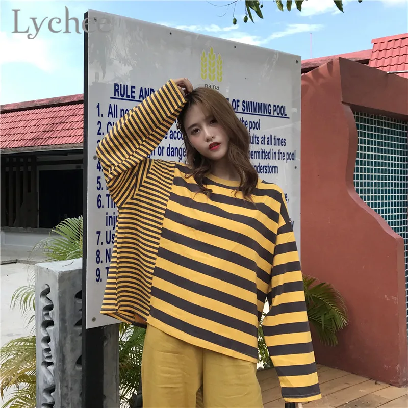 Lychee Harajuku Hit Color Stripe Patchwork Women T-shirt Causal Loose Long Sleeve Female T Shirts Spring Autumn Tee Top
Lychee Harajuku Hit Color Stripe Patchwork Women T-shirt Causal Loose Long Sleeve Female T Shirts Spring Autumn Tee Top