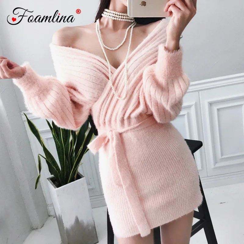 

Foamlina Casual Women Sweater Dress Sexy V Neck Long Batwing Sleeve Sashes Bowknot Slim Stretch Winter Short Knit Bodycon Dress