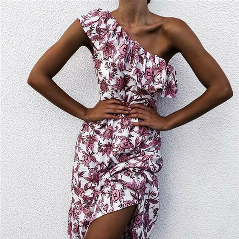 Vestidos Women Sweet Pink Floral Dress Sexy One Shoulder Sleeveless Draped Midi Dresses Ladies Ruffles Slim Party Summer Dress
Vestidos Women Sweet Pink Floral Dress Sexy One Shoulder Sleeveless Draped Midi Dresses Ladies Ruffles Slim Party Summer Dress