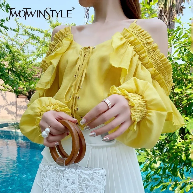 TWOTWINSTYLE Off Shoulder Bandage Sexy Women Blouse Lantern Long Sleeve Ruffles Female Shirt Spring Fashion New 2019 Korean
TWOTWINSTYLE Off Shoulder Bandage Sexy Women Blouse Lantern Long Sleeve Ruffles Female Shirt Spring Fashion New 2019 Korean