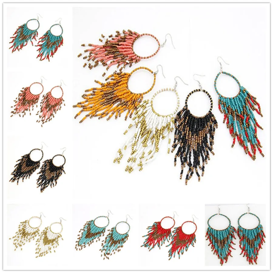 Ethnic bohemian Handmade Women's Czech Colorful Glass Seed Beads Long Tassel Silver P Hook Dangle Hoop Earrings Jewelry Making
Ethnic bohemian Handmade Women's Czech Colorful Glass Seed Beads Long Tassel Silver P Hook Dangle Hoop Earrings Jewelry Making