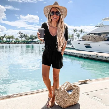 Women Summer Beach Romper Solid Jumpsuit Elegant Deep V Neck Short Sleeve Jumpsuit Casual Loose With Pockets Elastic Waist Pla
Women Summer Beach Romper Solid Jumpsuit Elegant Deep V Neck Short Sleeve Jumpsuit Casual Loose With Pockets Elastic Waist Pla