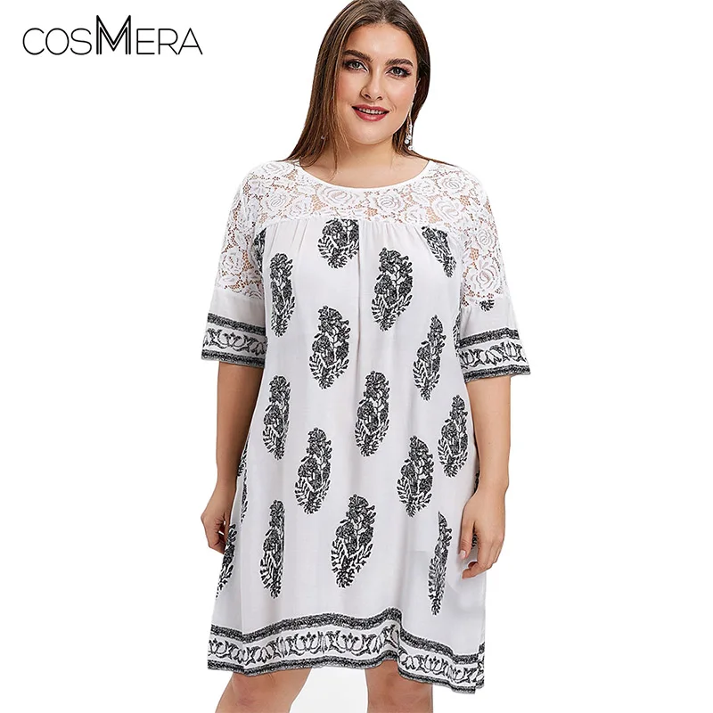 

COSMERA Plus Size Leaves Print Knee Length Lace Dress Summer O Neck Shift Dress Half Sleeves Women Big Size Casual Dress Vestido