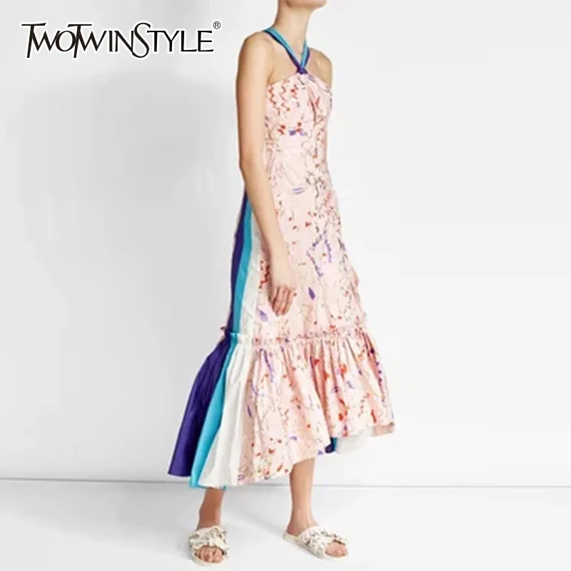 TWOTWINSTYLE Asymmetrical Print Dresses Female Halter High Waist Hollow Out Patchwork Hit Color Long Dress Women 2019 Fashion
TWOTWINSTYLE Asymmetrical Print Dresses Female Halter High Waist Hollow Out Patchwork Hit Color Long Dress Women 2019 Fashion