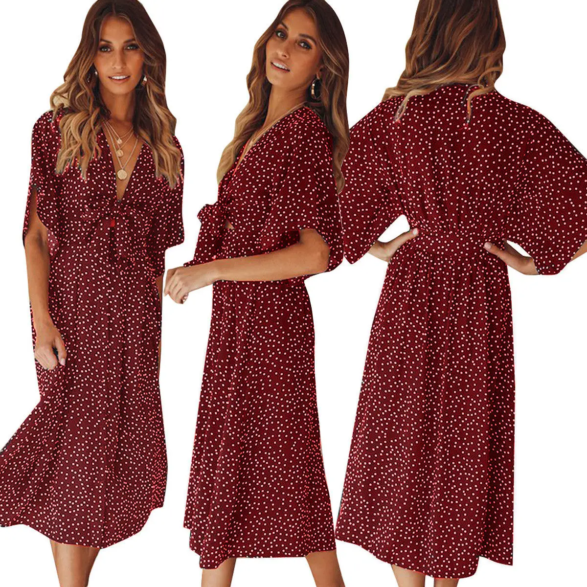 Women Ladies Chiffon V-neck Summer Boho Half Sleeve Midi Dress Evening Party Beach Summer Polka Dot Dress Sundress Red Green
Women Ladies Chiffon V-neck Summer Boho Half Sleeve Midi Dress Evening Party Beach Summer Polka Dot Dress Sundress Red Green