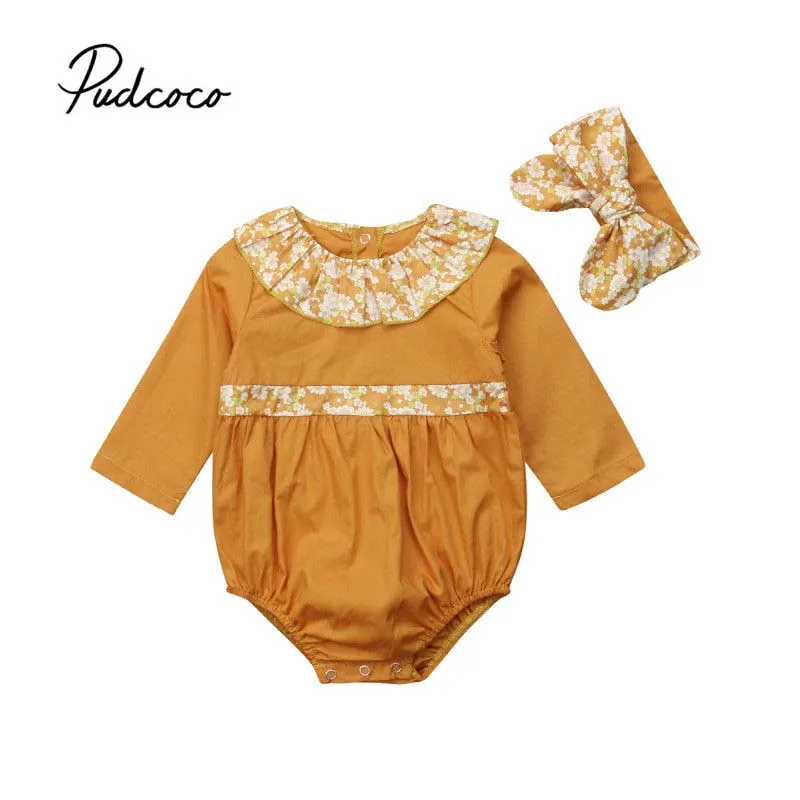 Pudcoco Baby Girls Bodysuit 2018 Toddler Newborn Girl Floral Jumpsuit Headband 2Pcs Outfits Clothing Autumn New | Мать и ребенок