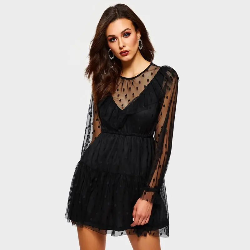 Women Mini Dresses Elegant Black A Line Ruffles Sweet Summer Ladies Casual Fashion Polka Dot Mesh See Through Party Sexy Dress
Women Mini Dresses Elegant Black A Line Ruffles Sweet Summer Ladies Casual Fashion Polka Dot Mesh See Through Party Sexy Dress