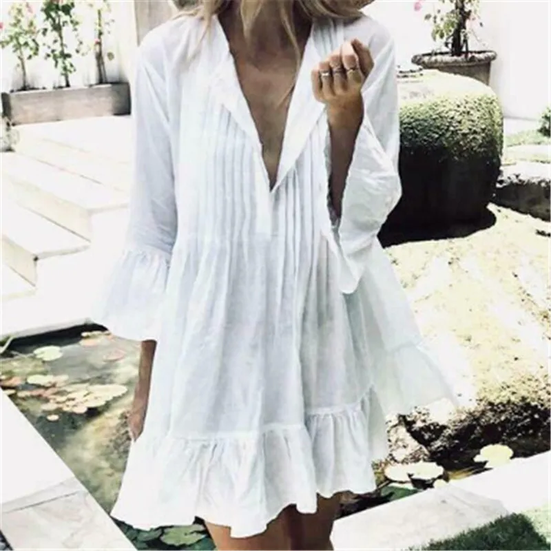 Trendy Women dress long sleeve solid casual Summer Beach Loose V-Neck Mini Dresses one pieces
Trendy Women dress long sleeve solid casual Summer Beach Loose V-Neck Mini Dresses one pieces