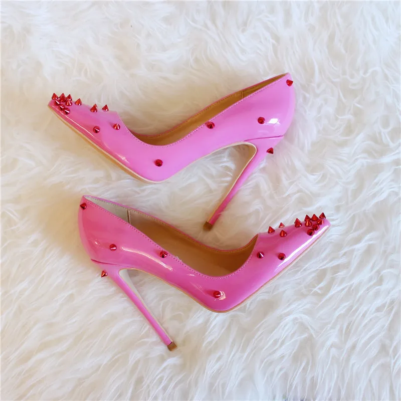 

Sweet Pink Patent Leather High Heel Pumps 12CM Red Spike Rivets Pointed Toe Wedding Shoes Bride Sexy Night Club Pump Shoes Women