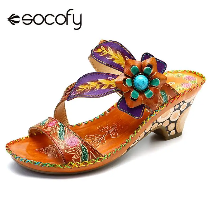 

SOCOFY Vintage Flowers Pattern Genuine Leather Floral Hook Loop Comfortable Stitching Sandals Summer Shoes Elegant Ladies Shoes