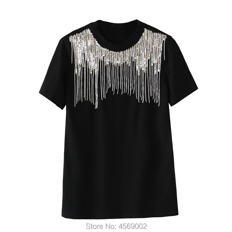 2019 new O-neck short sleeves metal tassels cuted high quality T-shirt women summer top loose free size
2019 new O-neck short sleeves metal tassels cuted high quality T-shirt women summer top loose free size