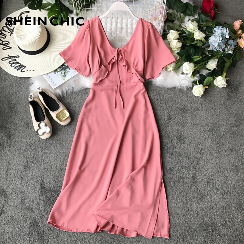 Korean Fashion 2019 Summer Women Pink Red Blue Dress Elegant V Neck Flare Sleeve Chic Dress High Waist A Line Dress Vestidos
Korean Fashion 2019 Summer Women Pink Red Blue Dress Elegant V Neck Flare Sleeve Chic Dress High Waist A Line Dress Vestidos
