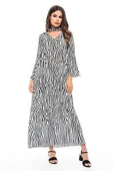 

Women Striped Flare Sleeve Zebra Animal Print Choker Long Dress Muslim Abaya Summer Dress Islamic Fashion Arab Dresses 2019 New