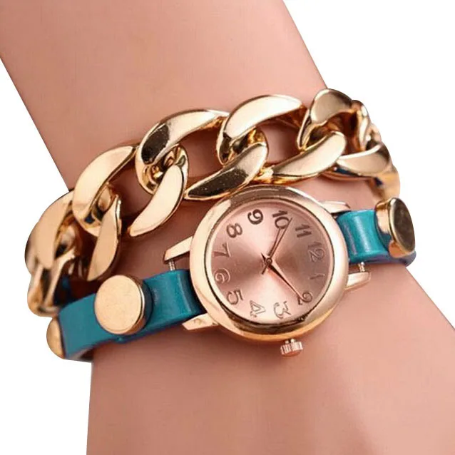 Punk Women Gold Dial Leather Chain Wrap Analog Quartz Wrist Watch Bracelet | Наручные часы