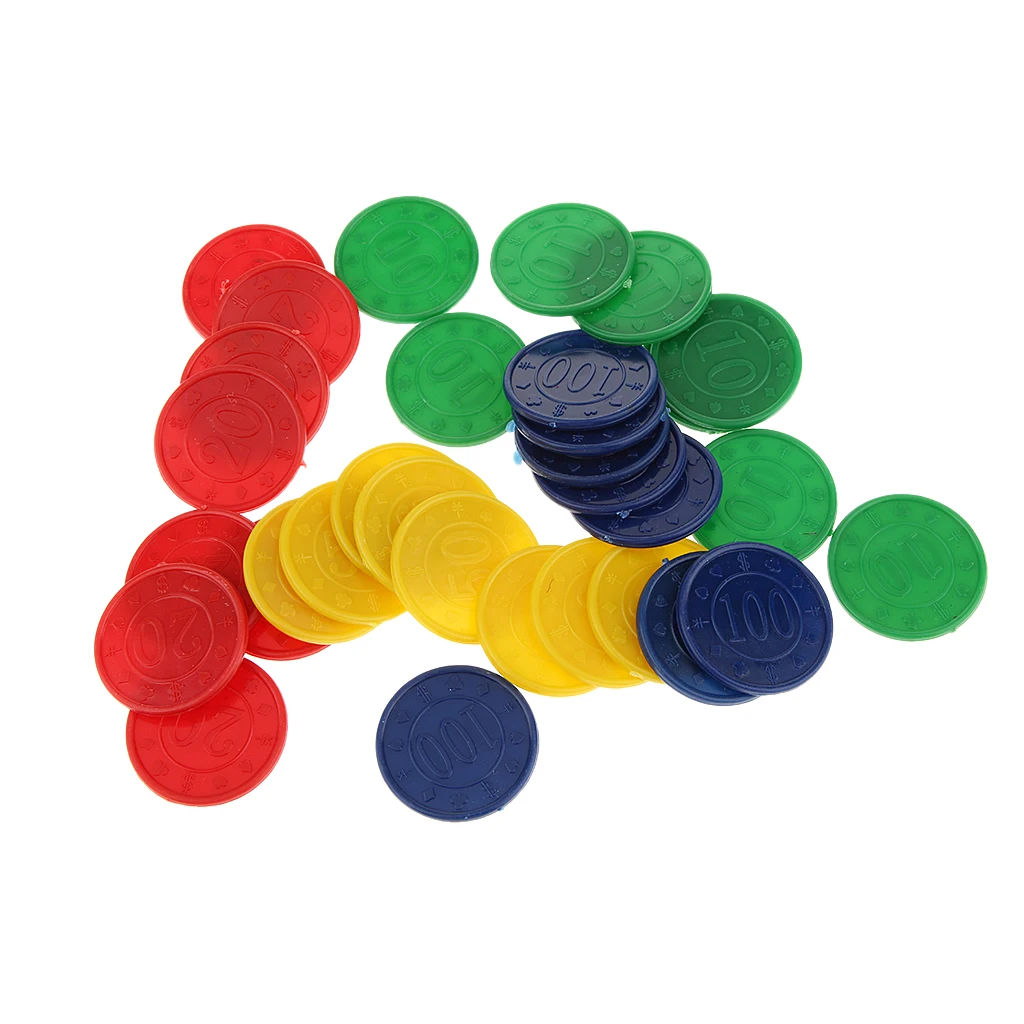 32pcs Plastic Poker Chips Counters with Values Numbers on Them Green/10 Red/20 Yellow/50 Blue/100 High Quality
32pcs Plastic Poker Chips Counters with Values Numbers on Them Green/10 Red/20 Yellow/50 Blue/100 High Quality
