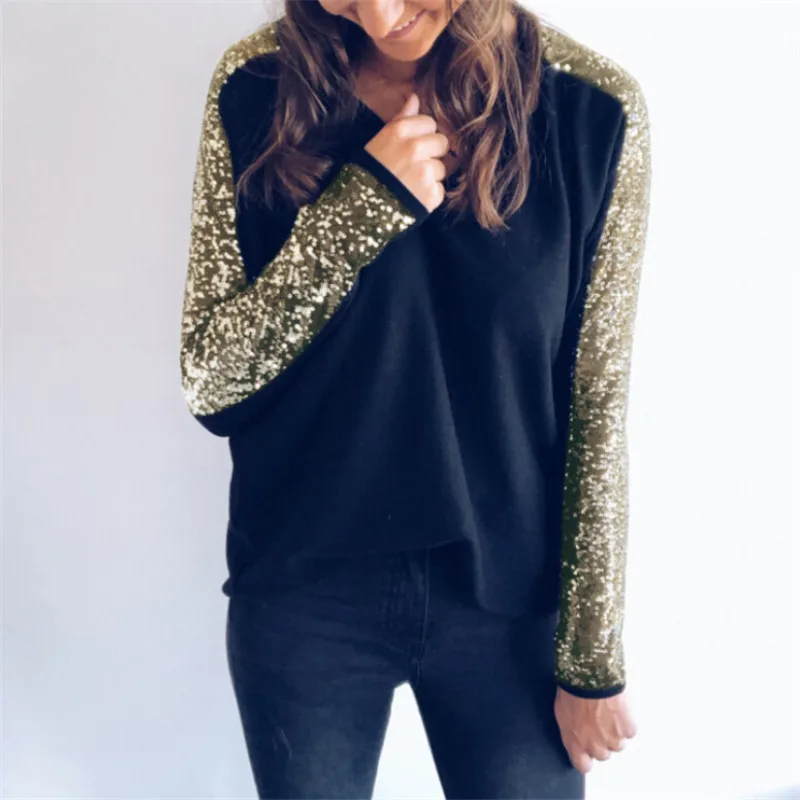 Women's Long Sleeve T-Shirts Glod/Silver Sequin Patchwork Jumper Pullover Tops T-Shirt Autumn Spring Sexy V-neck Loose T Shirt
Women's Long Sleeve T-Shirts Glod/Silver Sequin Patchwork Jumper Pullover Tops T-Shirt Autumn Spring Sexy V-neck Loose T Shirt