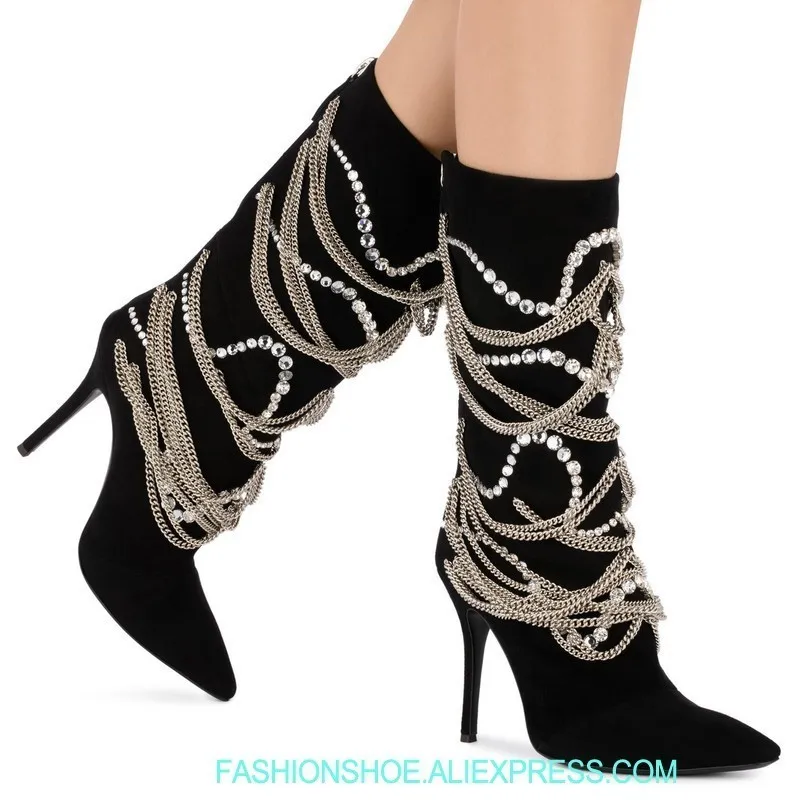 

woman knee high boots metal chain bling bling crystal embellished 12 cm super high heels catwalk mid calf boots chains beading