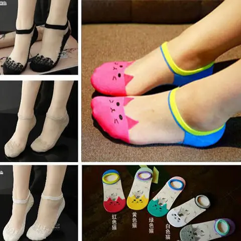 

8 pairs Spring Summer Woman Girls Lace Flower Short Boat Sock Antiskid Low Invisible Ankle Transparent Hollow Out Socks Slippers