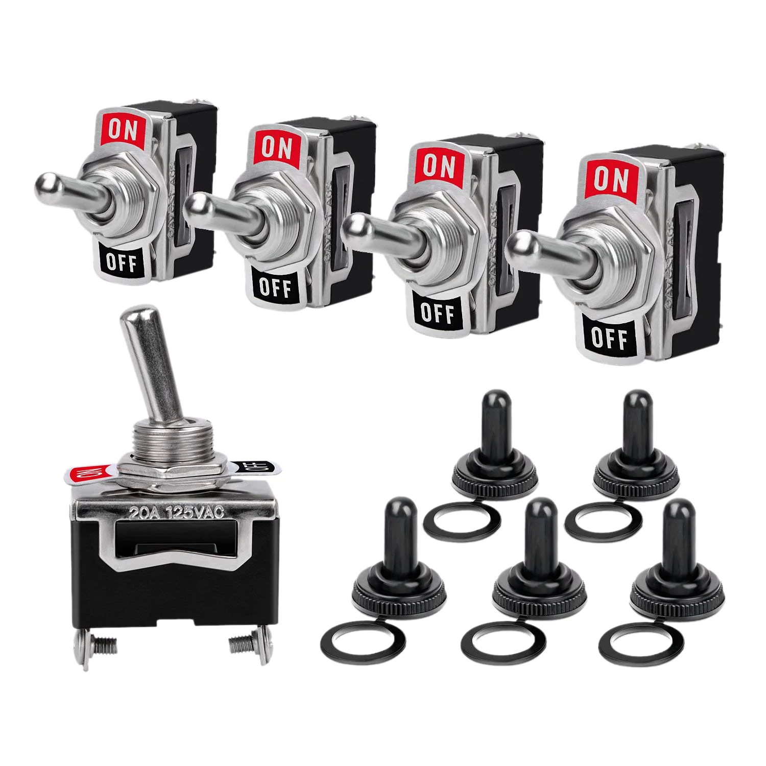 Heavy Duty Rocker Toggle Switch 15A 250V 20A 125V SPST 2 Pin ON/OFF Switch Metal Bat Waterproof Boot Cap Cover - 5 Pack
Heavy Duty Rocker Toggle Switch 15A 250V 20A 125V SPST 2 Pin ON/OFF Switch Metal Bat Waterproof Boot Cap Cover - 5 Pack