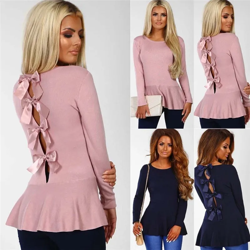 

Women Fashion Casual Loose Solid Bowknot Detail Peplum Top Long Sleeve T-shirts Ladies Pullover Autumn Spring Clothes