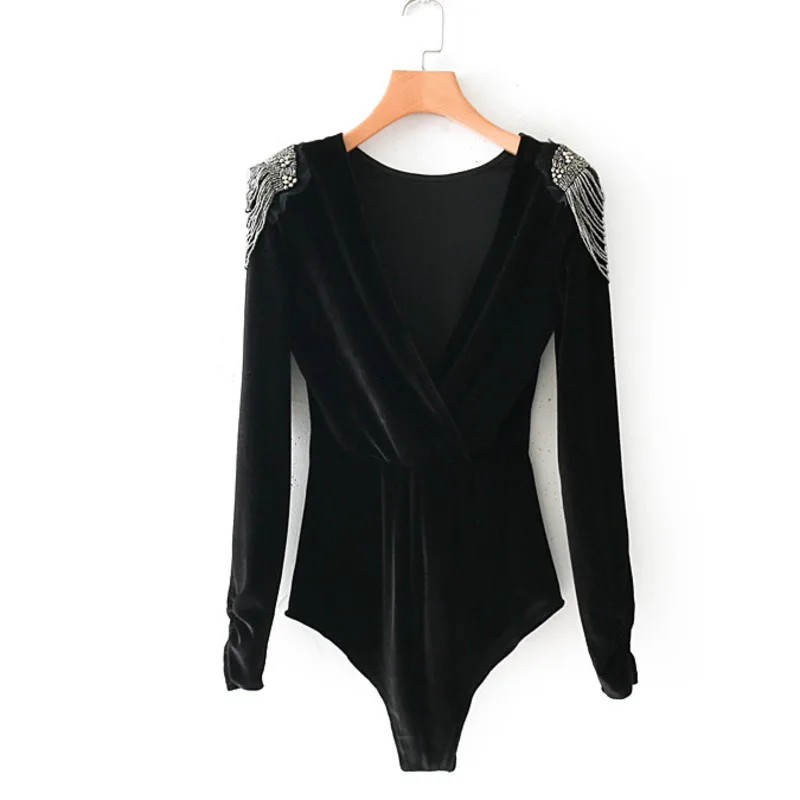 

#2129 2019Spring Casual Black Bodies Ladies Sexy Rivet Long Sleeve Velour Bodysuit Women Deep V Neck Tight Thong Bodysuit Female