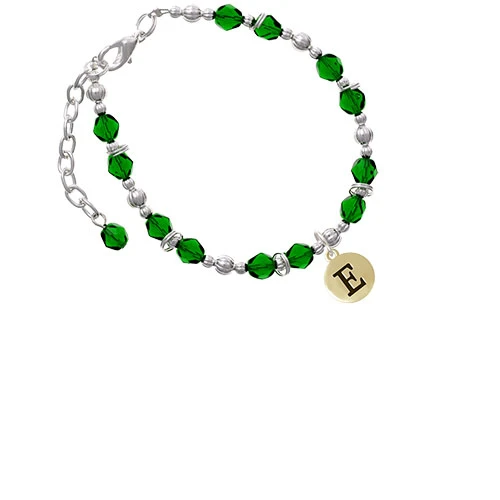 Goldtone Capital Letter - E Pebble Disc Green Beaded Bracelet |