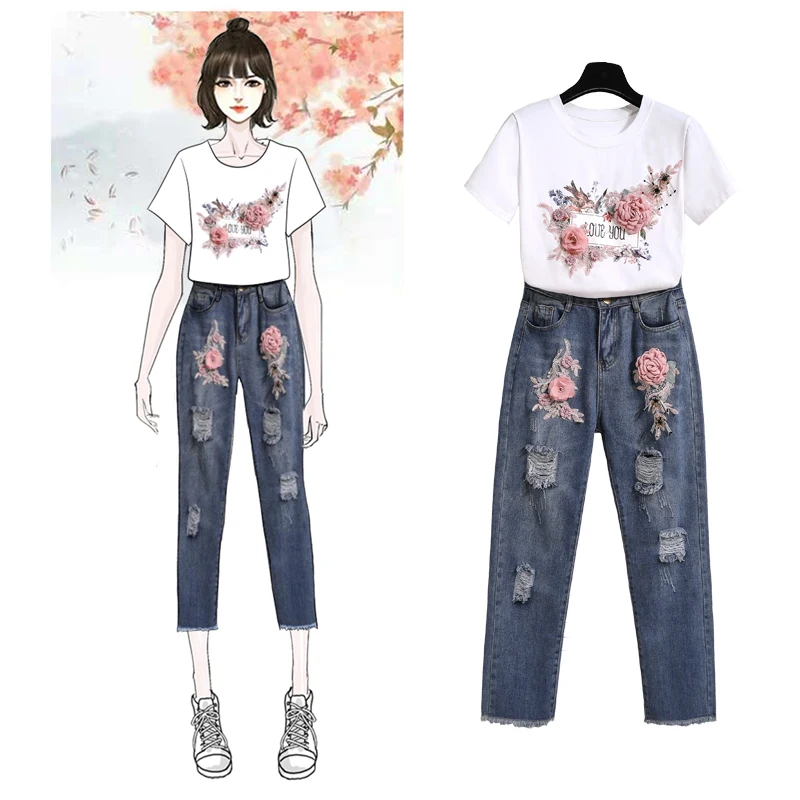 new spring and summer European fashion women nail bead three-dimensional flower short sleeve T-shirt hole jeans denim pants suit
new spring and summer European fashion women nail bead three-dimensional flower short sleeve T-shirt hole jeans denim pants suit