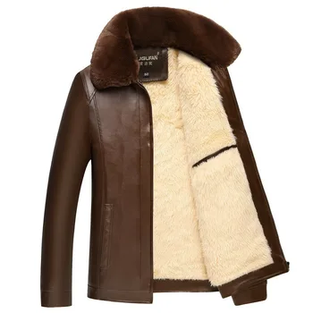 #3629 2018 Winter Fur Collar Zipper Faux Leather Coat Men Thick Warm PU Leather Jacket Men Inner Fleece Plus Size