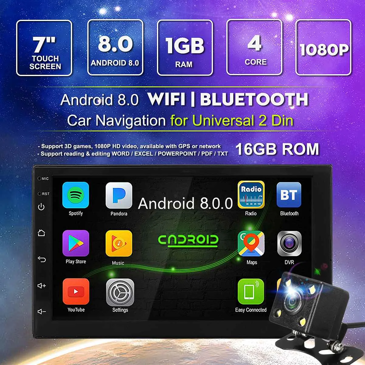 

Android 8.0 2 DIN 7" MP5 Player Android Quad Versatile Car Radio Built-in WiFi bluetooth GPS With 32GB external 1080P