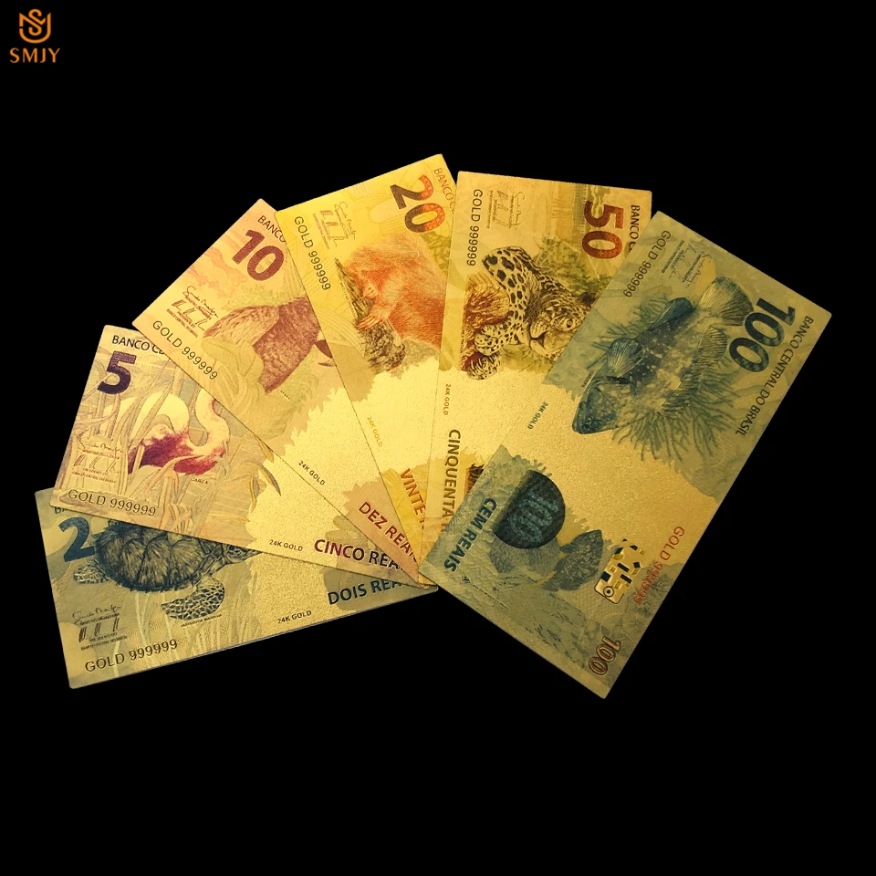 6Pcs/Lot Gold Banknotes Set Reyal 2/5/10/20/50/100 Brazilian Currency Paper 24K Gold Plated Christmas Gift AndHome Decorations
6Pcs/Lot Gold Banknotes Set Reyal 2/5/10/20/50/100 Brazilian Currency Paper 24K Gold Plated Christmas Gift AndHome Decorations