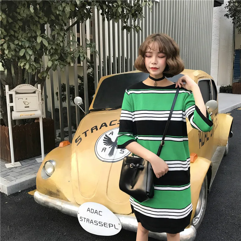 Lychee Girls Hit Color Stripe Slit Knit Dress Female Half Sleeve O Neck Straight Summer Vintage Knee-Length Women Dresses | Женская