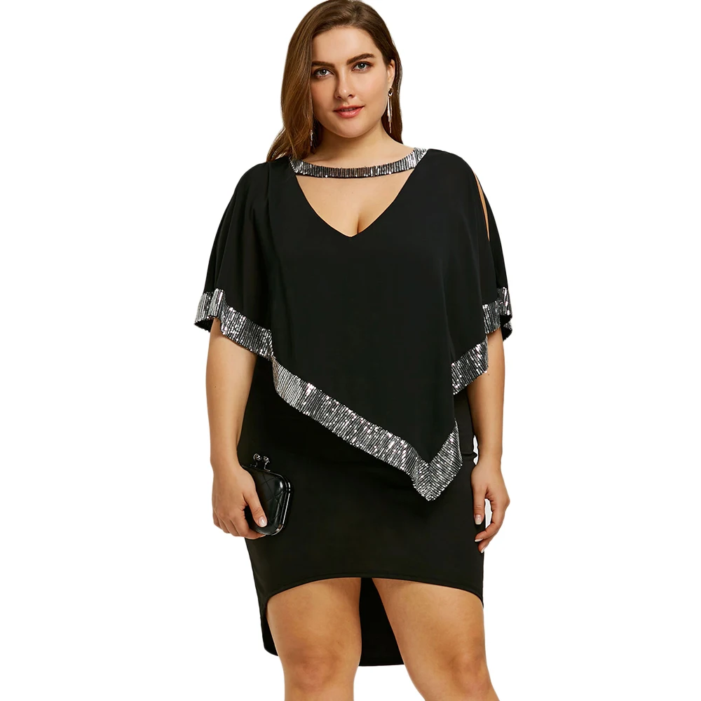 

Wipalo Plus Size 5XL Sequined Capelet Dress Choke V Neck Round Collar Split Sleeve Bodycon Dip Hem Party Dress Robes Vestidos