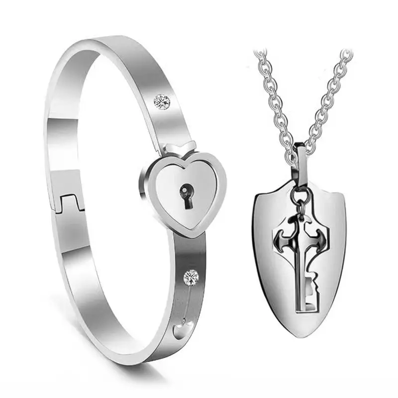 

Couple Jewelry Set Stainless Steel Keys Concentric Pendants Necklaces Heart Lock Bracelets Lover's Birthday Wedding Gift