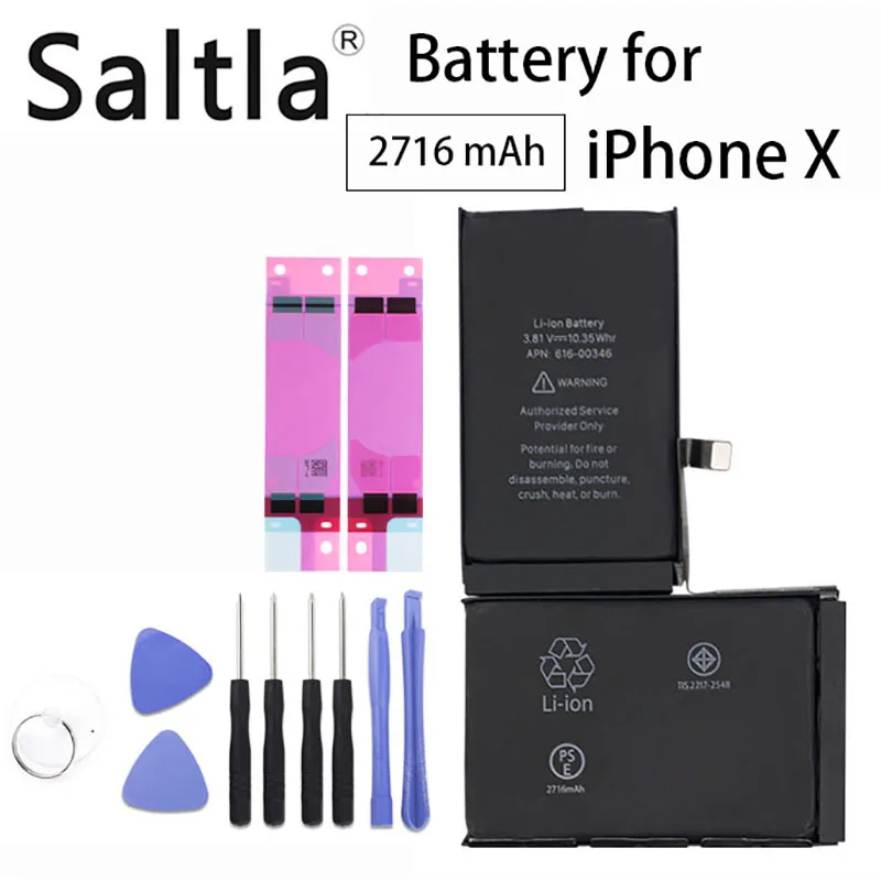 Original Saltla Battery For iPhone X Real Capacity 2716 mAh All New Mobile Phone X Replacement Batteries with Repair Tools Kit
Original Saltla Battery For iPhone X Real Capacity 2716 mAh All New Mobile Phone X Replacement Batteries with Repair Tools Kit