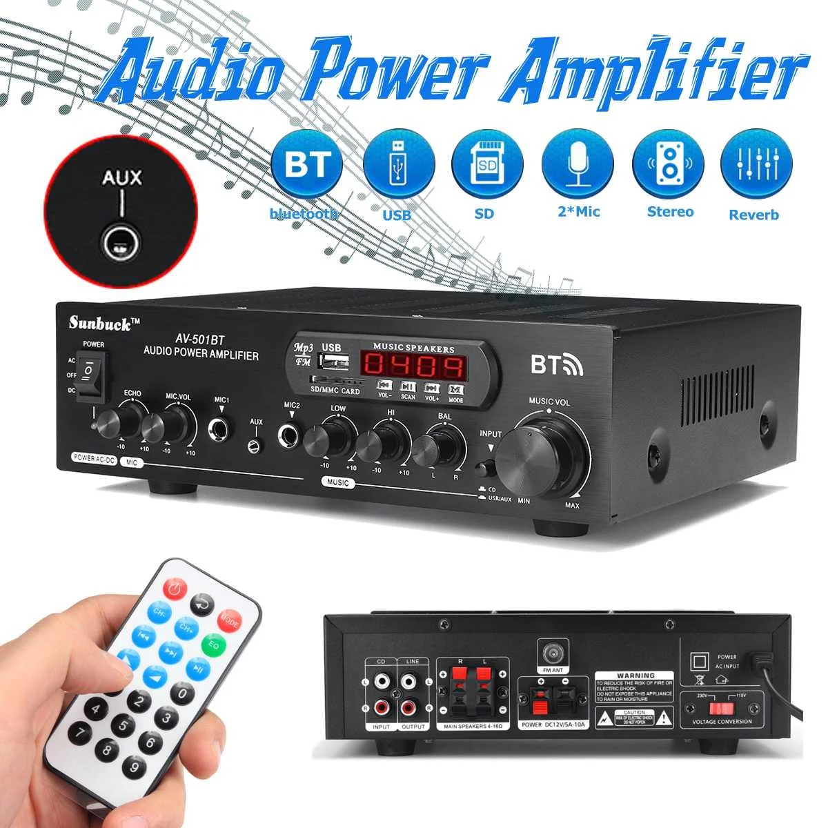 bluetooth Audio Power Amplifier 2000W 110V/220V DC 12V AUX input USB SD 2 x Mic input Home Theater Amplifiers
bluetooth Audio Power Amplifier 2000W 110V/220V DC 12V AUX input USB SD 2 x Mic input Home Theater Amplifiers