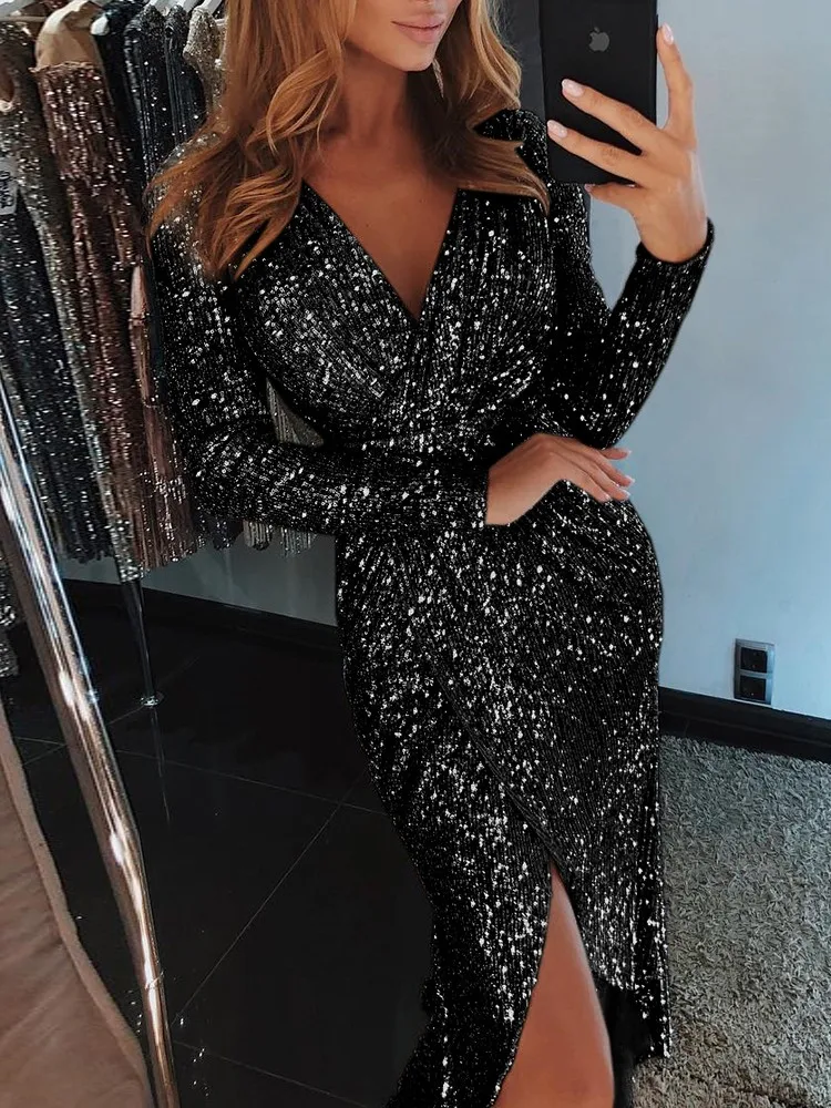 Womens Sequins Long Sleeve Midi Dress V Neck Evening Ball Dress Split Wrap Dress
Womens Sequins Long Sleeve Midi Dress V Neck Evening Ball Dress Split Wrap Dress