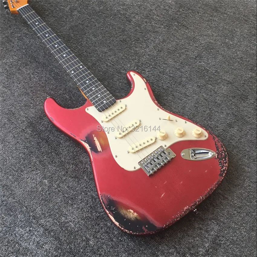 

Stock inventory antique do old electric guitar. Metal red, antique relic ST guitars, real photos,