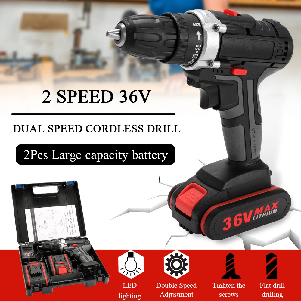 36V Cordless Drill 25 Torque Speed Adjustment LED lighting Electric Drill screwdriver wrench power tool with 2 Li-ion Battery
36V Cordless Drill 25 Torque Speed Adjustment LED lighting Electric Drill screwdriver wrench power tool with 2 Li-ion Battery