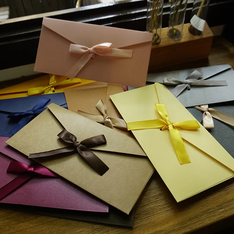 Фото 5Pcs Color Thicken Large Silk ribbon Bow Pearlescent Gift Paper Envelope | Канцтовары для офиса и дома
