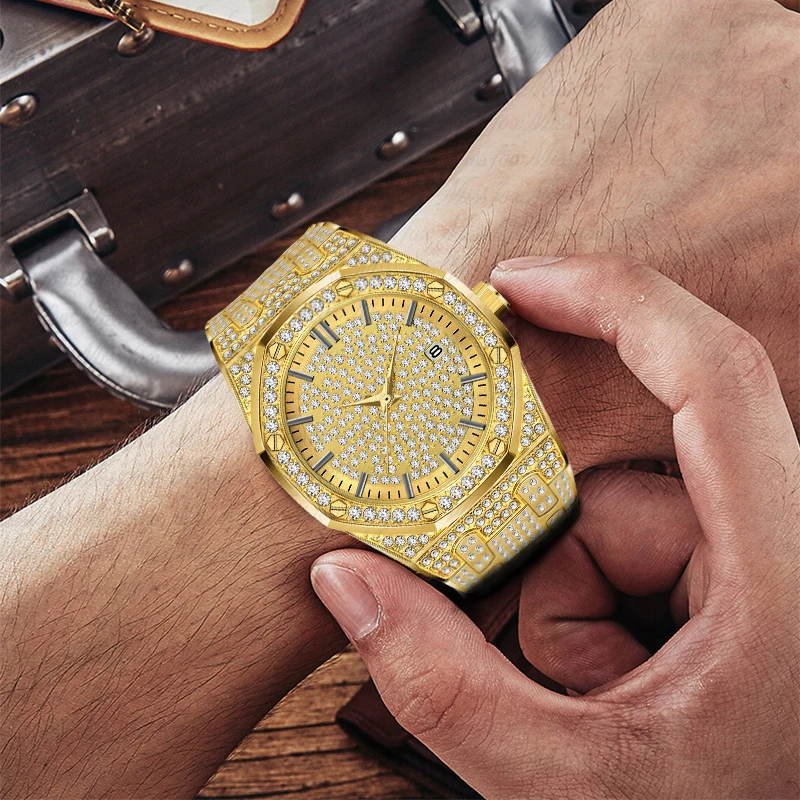 Часы наручные мужские с бриллиантами роскошные брендовые кварцевые ремешком из